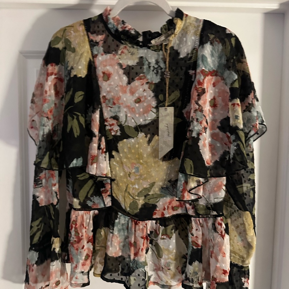 Floral Ruffle Long-Sleeve Blouse in Black and Pastel Floral